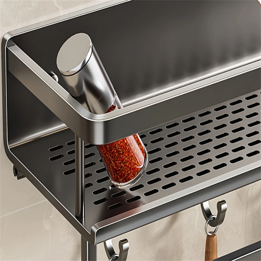Color: Beige - Multifunctional Kitchen and Bath Tray Wall-Mounted Aluminum Storage Rack Seasoning Bottle Storage Shelf Kitchen Storage Hooks