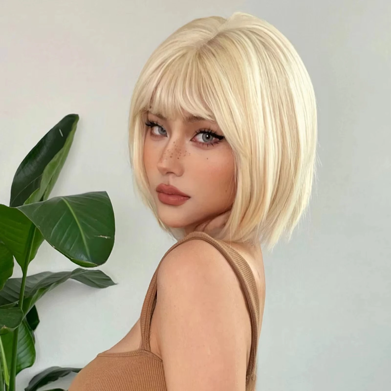 Color: P27/613, Stretched Length: 12inches - New light gold bob hairstyle synthetic wig for Halloween party cosplay wig for daily use high-temperature hair accessory