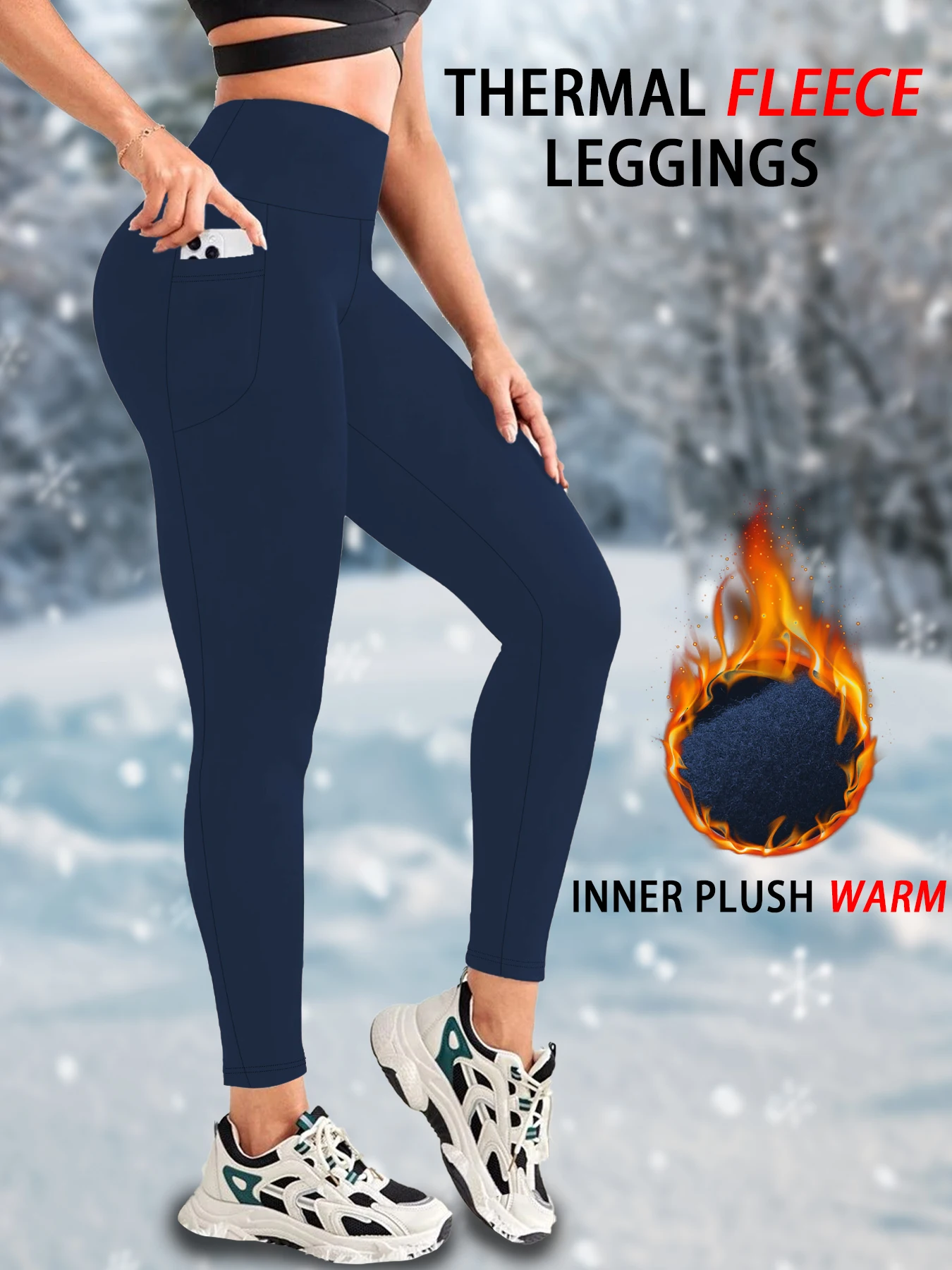 Color: Navy Blue, Size: XXL - Womens Thermal Fleece Lined High Waisted with pockets Leggings, Workout Winter Warm Thick Tights Soft Yoga Running Pants