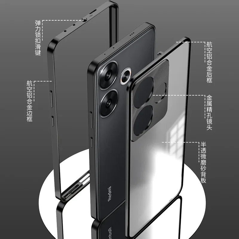Color: Green, Material: Aluminum - Aluminium Alloy Metal Frame Case For Poco F6 Case Matte transparent Acrylic Back Cover For Xiaomi POCO F6 5G Redmi Turbo3 Bumper