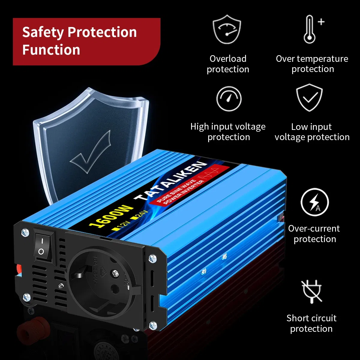 Color Name: Yellow - Pure Sine Wave Inverter 1600W/2200W/3000W/4000W DC 12V/24V to AC 220V 50hz Power Inverter Charger Converter Adapter EU Socket