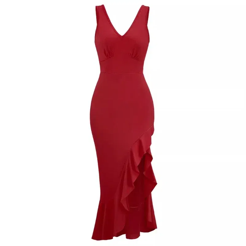 Color: Burgundy, Size: M - Women Dress Long Dresses Sexy V Neck Ruffles Sleeveless Maxi Casual Elegant Bodycon Party Beach Night High Waist Sling Vestidos