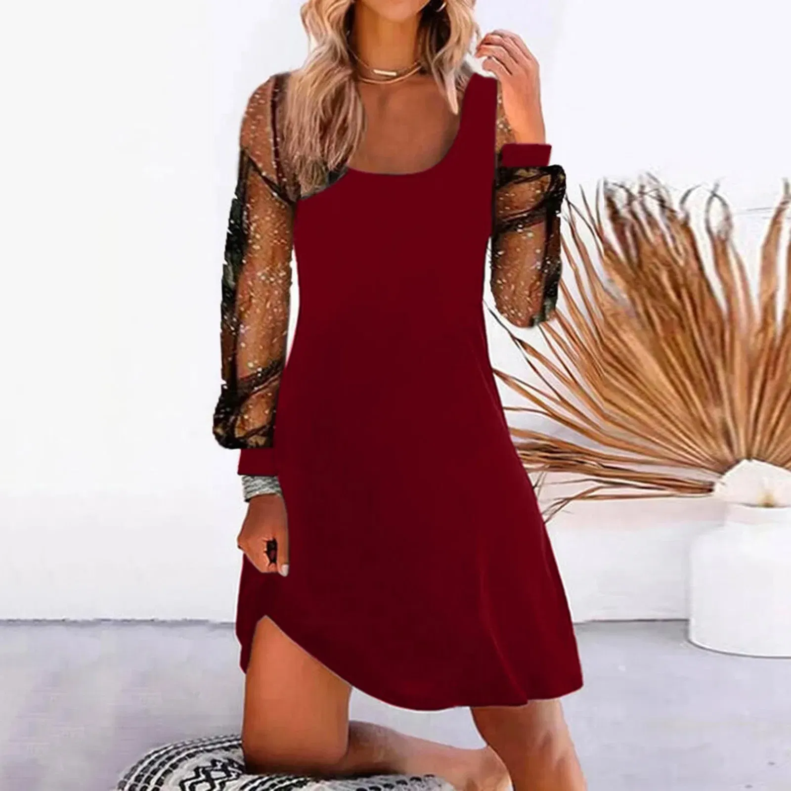 Color: Brown, Size: M, Ships From: CN - Women Dress See-through Mesh Patchwork U Neck Loose Shiny Sequin Long Sleeve Soft Irregular Hem Pullover Mini Dress Vestidos