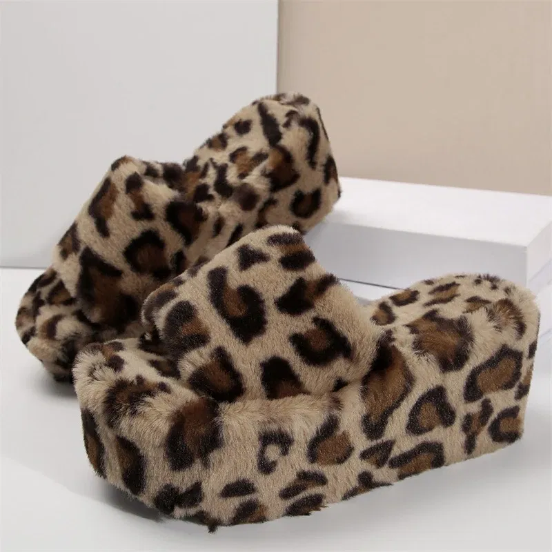 Color: Grape, Shoe Size: 38, Ships From: CHINA - Leopard Fur Women High Heel Slippers Wedges Home Cotton Shoes Winter New Trend Fluffy Flip Flops Pumps Cozy Zapatos Mujer