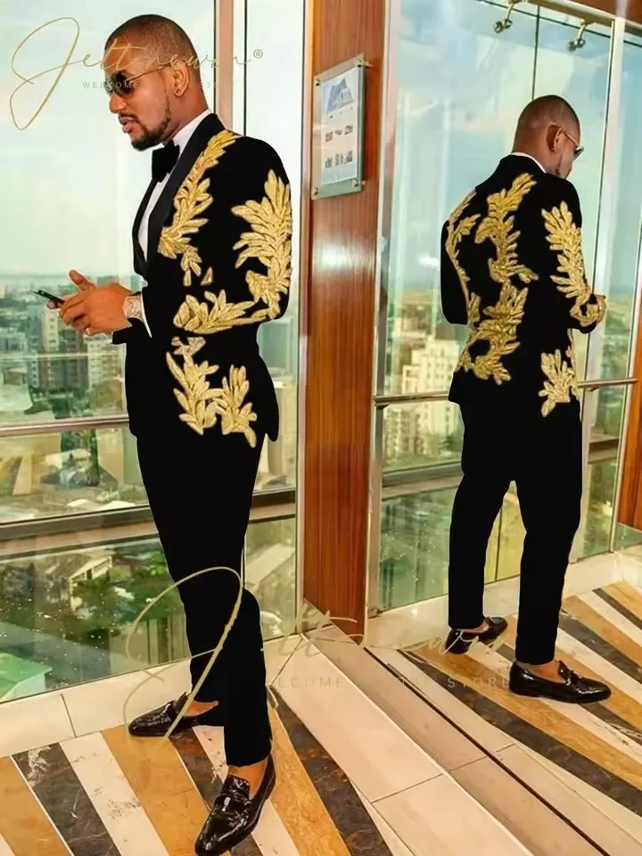 Color: black, Size: M - Luxury Groom Wedding Tuxedos Gold Sequins Appliques Black Men Suits Slim Fit Costume Homme Marriage Prom Suits