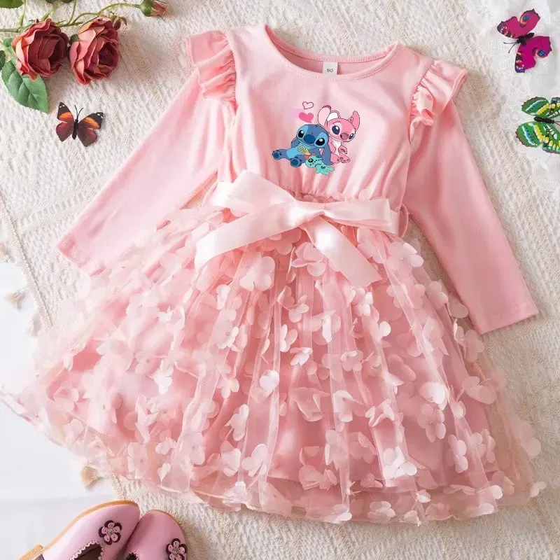 Color: DEEP BLUE, Size: One Size, Height: 158 - Lilo Stitch Girl Baby Dresses Spring Autumn Child Long Sleeve Sweet Princess Dress Mesh Newborn Casual Dress Birthday Party 2-6Y