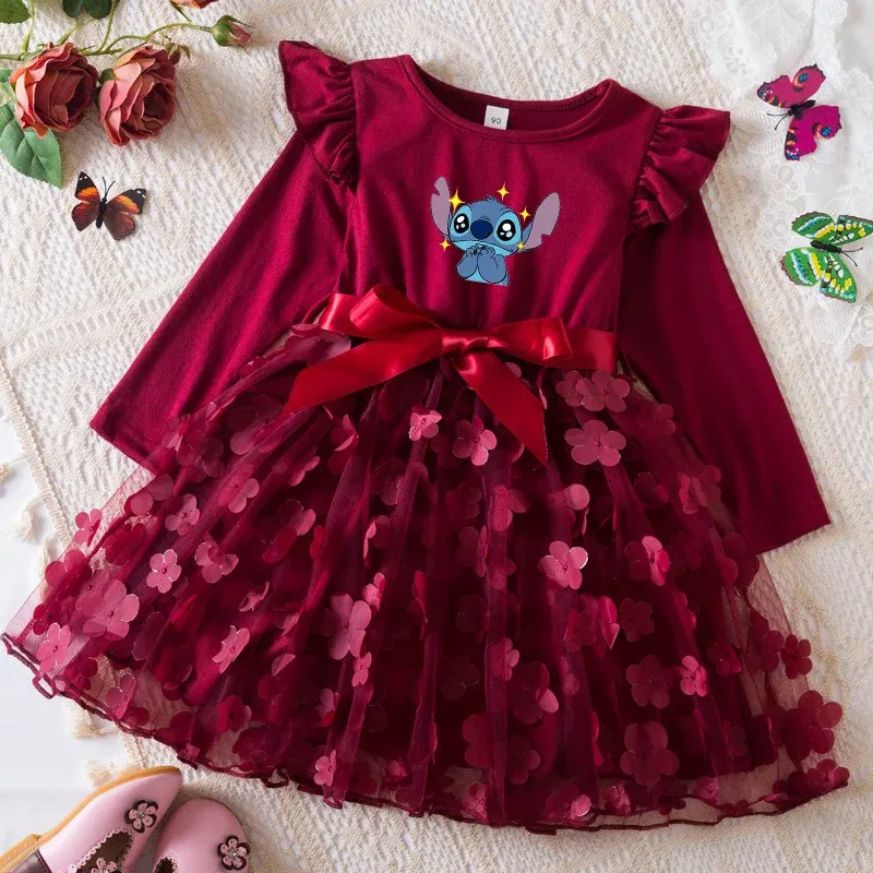 Color: DEEP BLUE, Size: One Size, Height: 158 - Lilo Stitch Girl Baby Dresses Spring Autumn Child Long Sleeve Sweet Princess Dress Mesh Newborn Casual Dress Birthday Party 2-6Y
