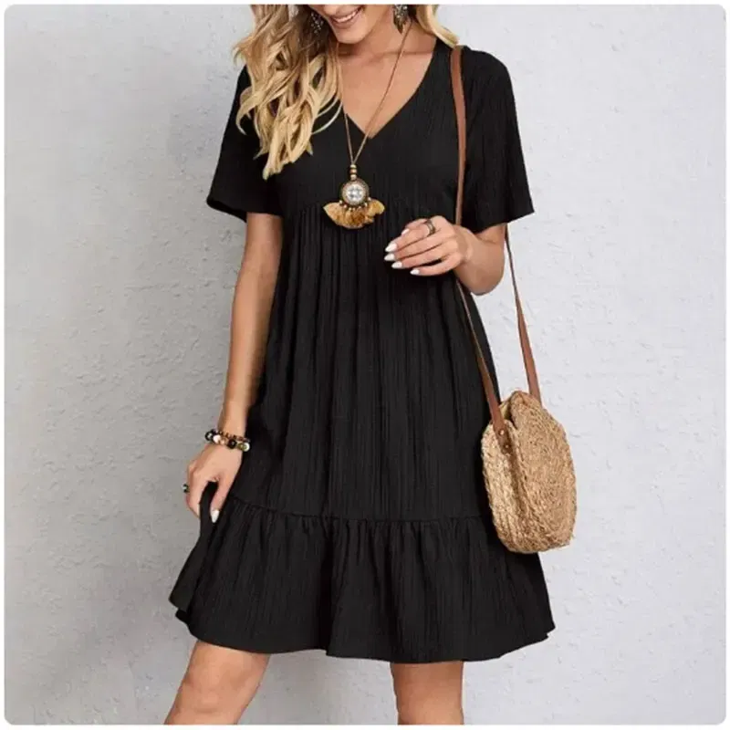 Size: L, Color: green - Women Summer Peplum Dresses Spring V-Neck Short Sleeve Loose Waist Ruffle Fit Flare Vocation Dresses