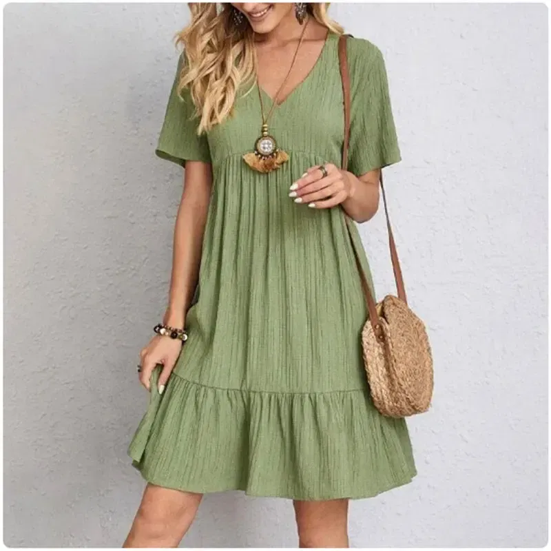 Size: L, Color: green - Women Summer Peplum Dresses Spring V-Neck Short Sleeve Loose Waist Ruffle Fit Flare Vocation Dresses