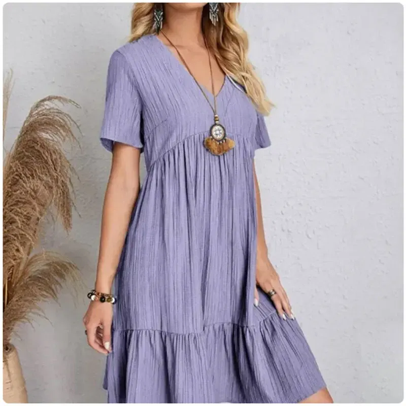 Size: L, Color: green - Women Summer Peplum Dresses Spring V-Neck Short Sleeve Loose Waist Ruffle Fit Flare Vocation Dresses