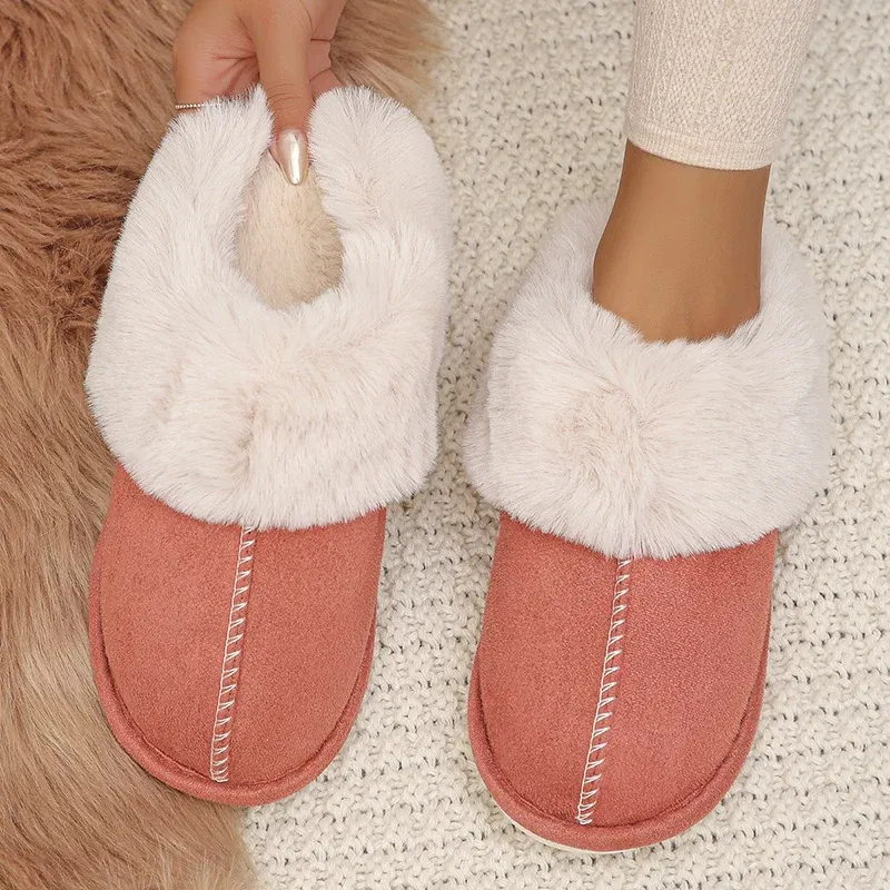 Color: Red, Shoe Size: 36 - Closed Toe Warm Cotton Slippers Women Faux Fur Thicken Plush Winter Home Shoes Woman Lightweight Casual Indoor Slides Female