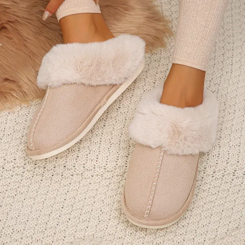 Color: Red, Shoe Size: 36 - Closed Toe Warm Cotton Slippers Women Faux Fur Thicken Plush Winter Home Shoes Woman Lightweight Casual Indoor Slides Female
