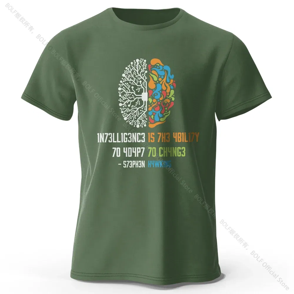 Color: army green, Size: XL - Funny Brain Power Printed 100% Cotton T-Shirt, Soft & Breathable Round Neck Short Sleeve Tee, Unisex Quirky Style