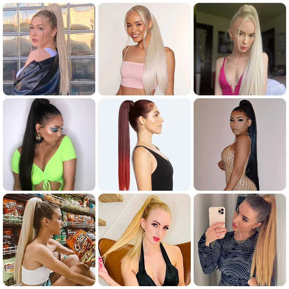 Color: #1, Stretched Length: 34inches - AZQUEEN Straight Synthetic Hairpiece With Ponytail 85cm Super Long Wrap Around Clip In Hair Extensions Pony Tail For Daily Wear