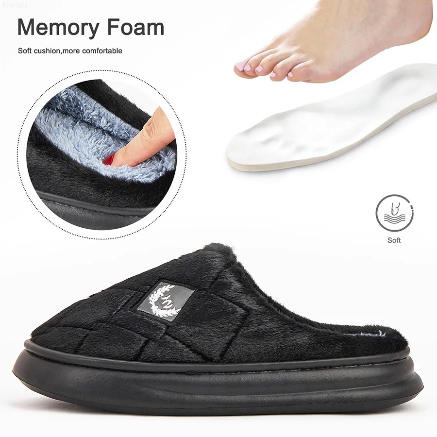 Color: black, Shoe Size: 46-47 - Men's House Slippers Furry Plaid cozy EVA Memory Foam Lightweight Casual Shoes Winter Warm Plush Non-slip Slippers big size