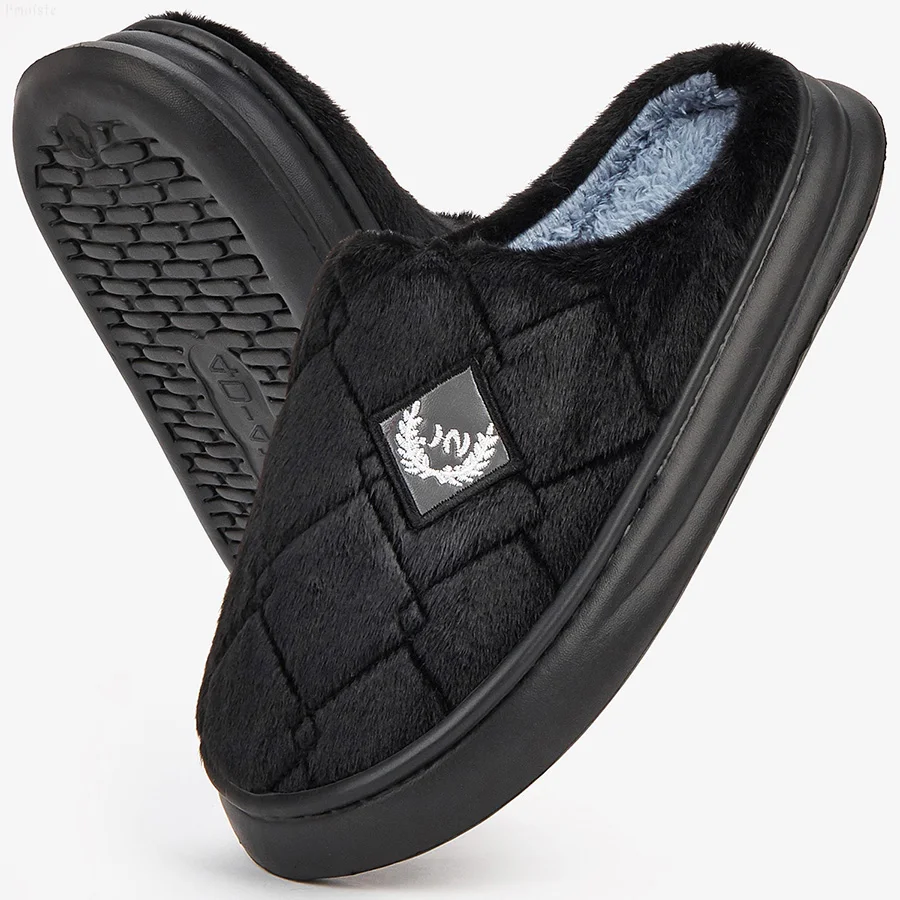 Color: black, Shoe Size: 46-47 - Men's House Slippers Furry Plaid cozy EVA Memory Foam Lightweight Casual Shoes Winter Warm Plush Non-slip Slippers big size