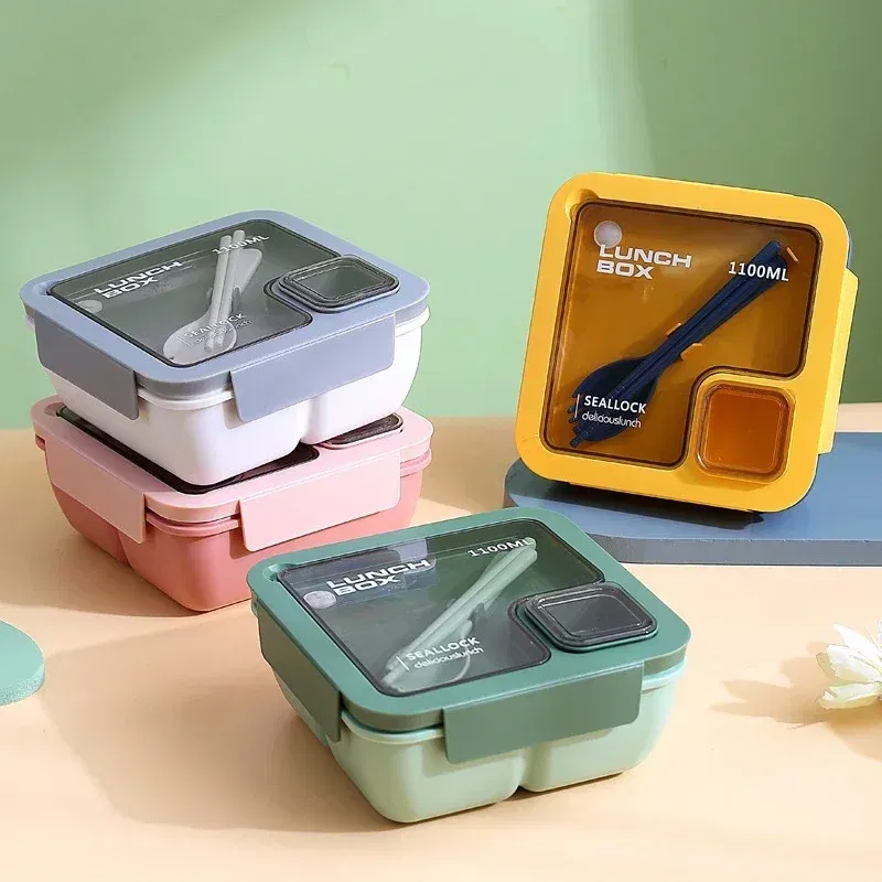 Color: Blue - Portable Lunch Box Lunch Bags for Children School Office Bento Box with Tableware Thermal Bag Complete Kit Microwavable Heating