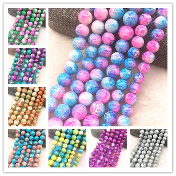 Color: Light green, Item Diameter: 7mm - Wholesale 4/6/8/10mm Glass Beads Round Loose Spacer Beads Pattern For Jewelry Making DIY Bracelet Necklace
