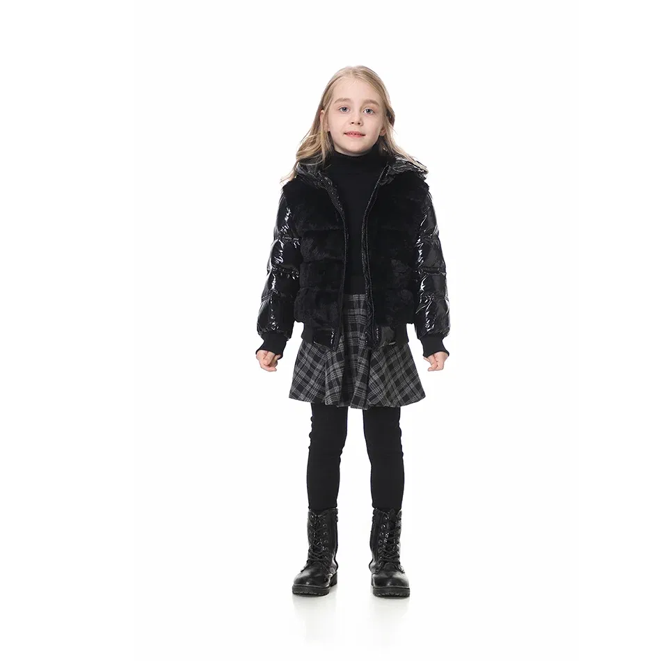 Color: black, Kid Size: 4T - Fashion joining design winter coats filling white duck down warm jackets soft fur fabric and glossy black waterproof coats