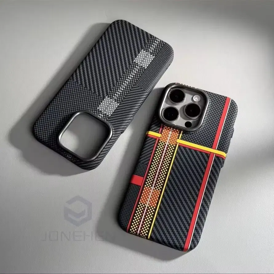 Color: Beige, Material: POLYESTER - Luxury Alloy Lens Personalized Pixel 3D Relief Carbon Fibre Pattern Case For iPhone 13 14 15 16 Pro Max Slim Cover For Magsafe