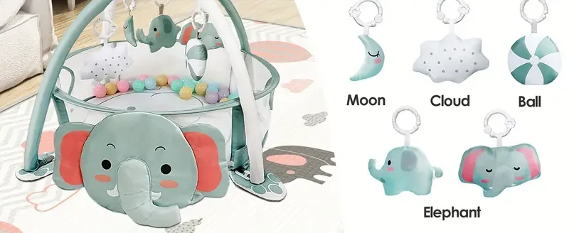 Dearlomum 4 In 1 Baby Play Mat Baby Gym, Tummy Time Mat For Floor Activity Fitness Ball Pit, Includes 30 Balls With 5 Baby Learning Sensory Toys Gift (Elephant) Halloween Christmas Gift