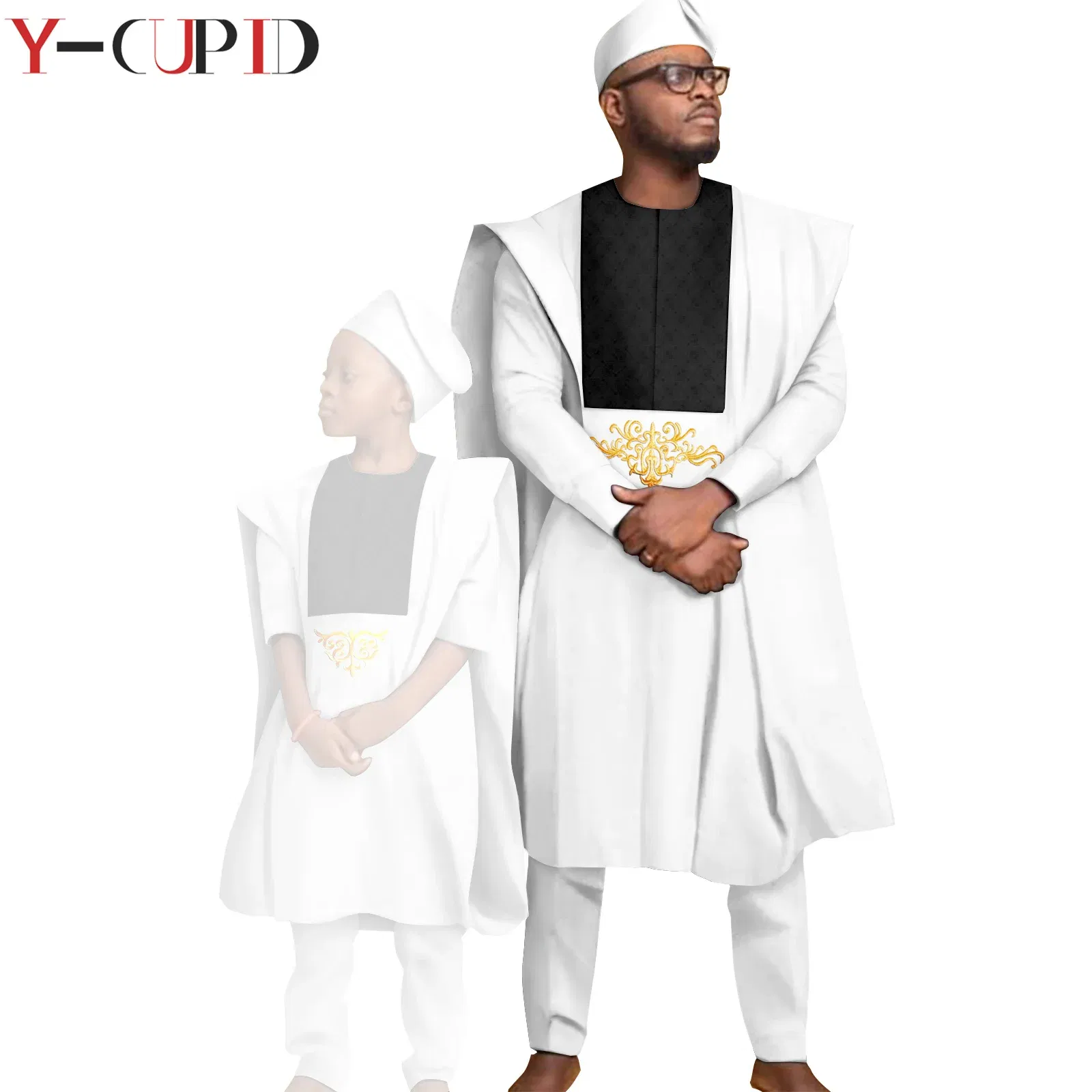 Color: Red, Size: XXL - African Clothes for Men Top Pants Robes Hat Sets Match Kid Boy Sets Dashiki Father and Son Bazin Riche Family Outfits Y20F001