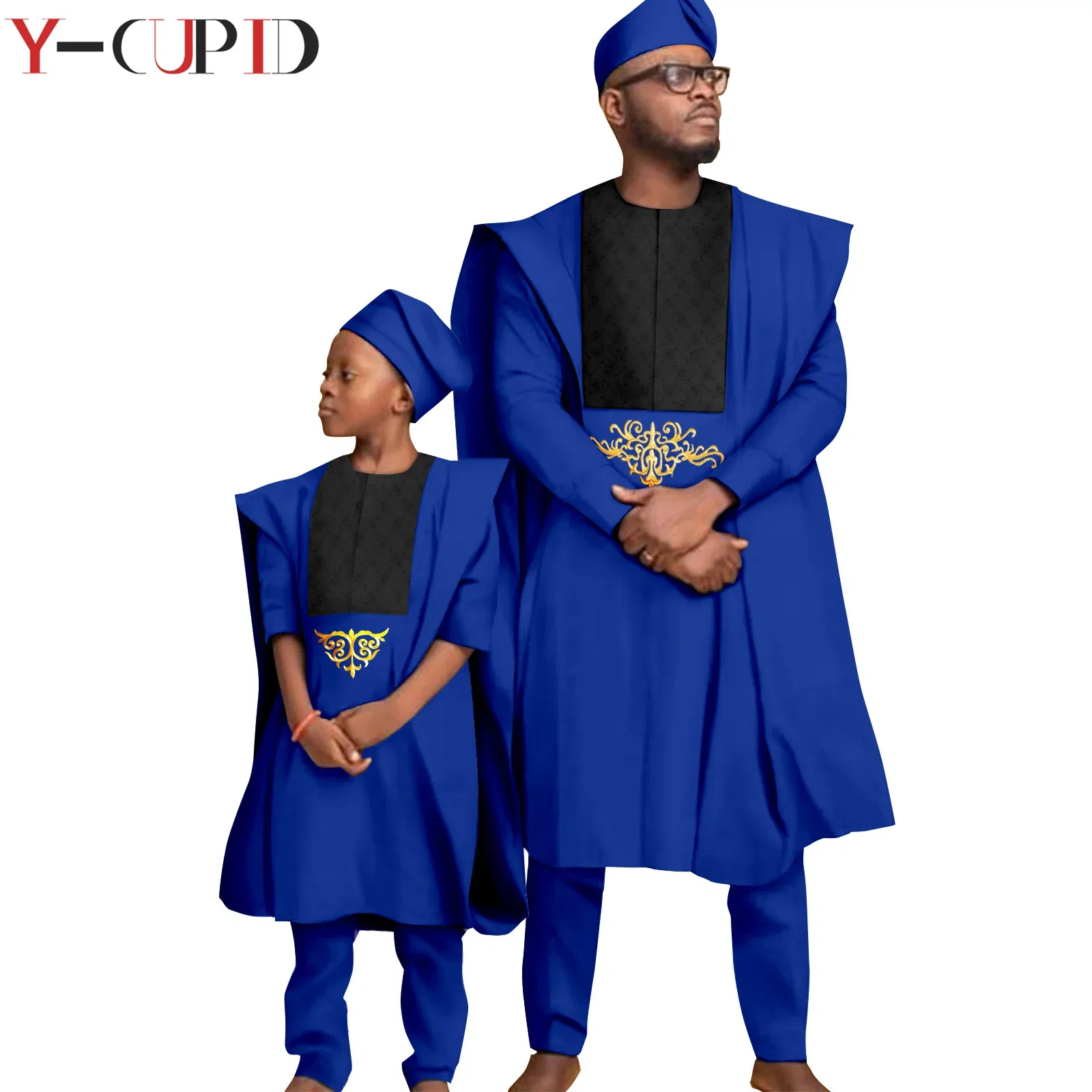 Color: Red, Size: XXL - African Clothes for Men Top Pants Robes Hat Sets Match Kid Boy Sets Dashiki Father and Son Bazin Riche Family Outfits Y20F001