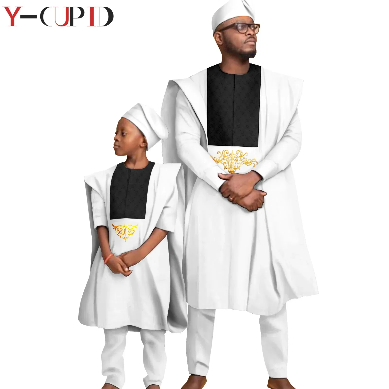 Color: Red, Size: XXL - African Clothes for Men Top Pants Robes Hat Sets Match Kid Boy Sets Dashiki Father and Son Bazin Riche Family Outfits Y20F001