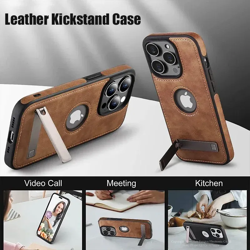 Color: Beige, Material: Denim - PU Leather Kickstand Phone Cases for iPhone 15 Pro Max 14 Plus 11 13 12 Mini Mobile Case with Holder Luxury Slim Shell Cover