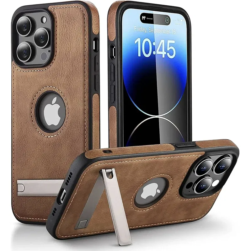 Color: Beige, Material: Denim - PU Leather Kickstand Phone Cases for iPhone 15 Pro Max 14 Plus 11 13 12 Mini Mobile Case with Holder Luxury Slim Shell Cover
