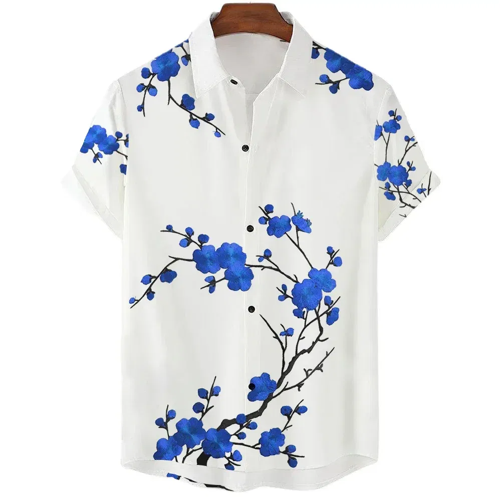 Color: SKY BLUE, Size: L - Fashionable Luxury Social men's Shirt Lapel button-down Shirt Casual Japanese Aesthetic Cherry Blossom Print short-sleeved Tops