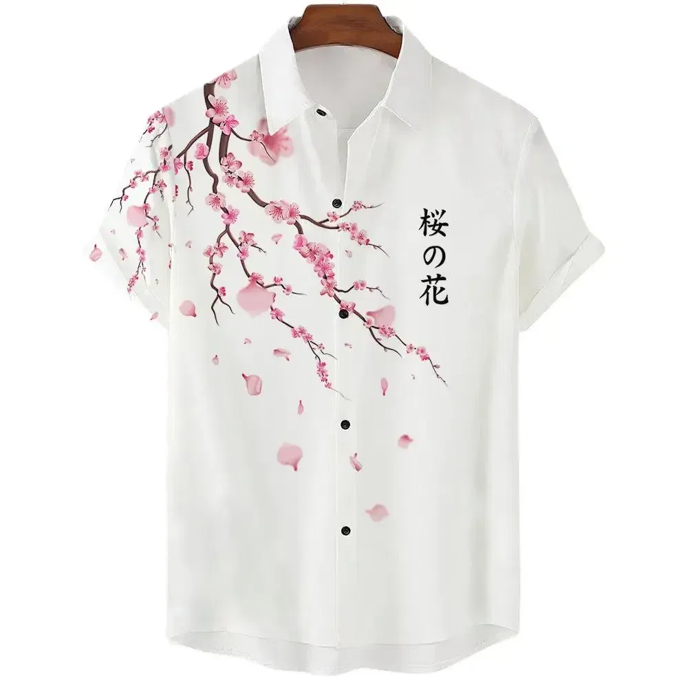 Color: SKY BLUE, Size: L - Fashionable Luxury Social men's Shirt Lapel button-down Shirt Casual Japanese Aesthetic Cherry Blossom Print short-sleeved Tops