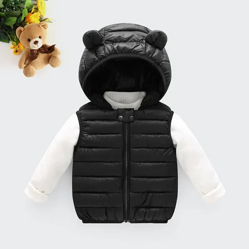 Color: black, Kid Size: 3T - Baby Boys Girl Warm Down Vest Toddler Cotton Waistcoat Children Autumn and Winter Clothes Kids Hooded Jackets 1-6 Years Old