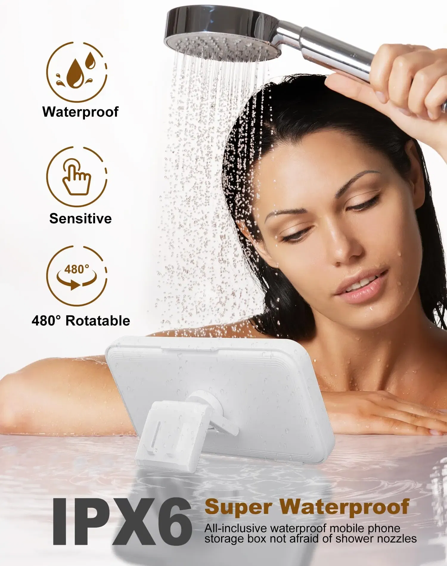 Color: black - Shower Phone Holder with Speaker  480 Rotation, Wall Phone Mount for Shower Waterproof Anti Fog Shower Case for 4-7" Phones