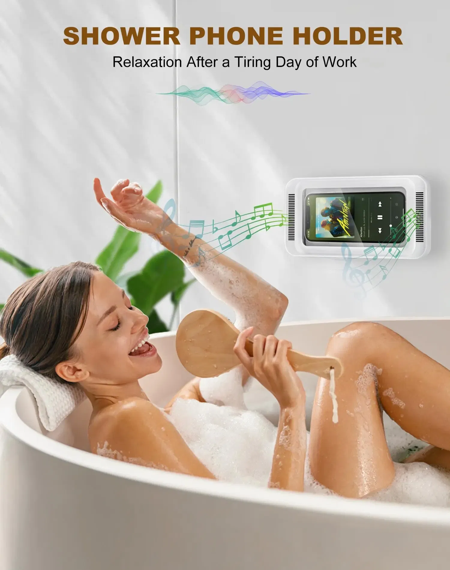 Color: black - Shower Phone Holder with Speaker  480 Rotation, Wall Phone Mount for Shower Waterproof Anti Fog Shower Case for 4-7" Phones