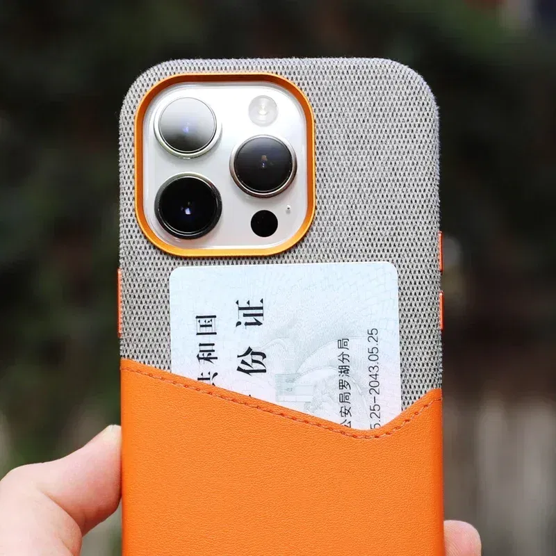 Color: black, Material: Microfiber - Card Holder MagSafe Leather Phone Case For iPhone 14 16 Pro Max 13 15 Pro 12 Pocket Wireless Charging Alloy Lens Hit Color Cover