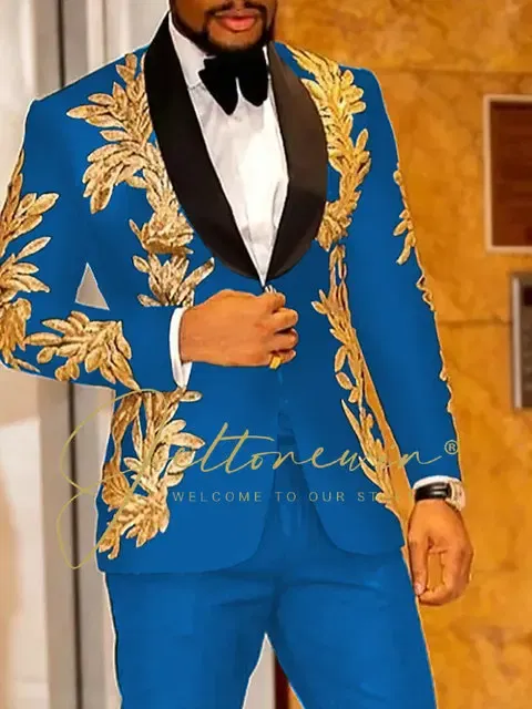 Color: Blue, Size: L - Luxury Groom Wedding Tuxedos Gold Sequins Appliques Black Men Suits Slim Fit Costume Homme Marriage Prom Suits