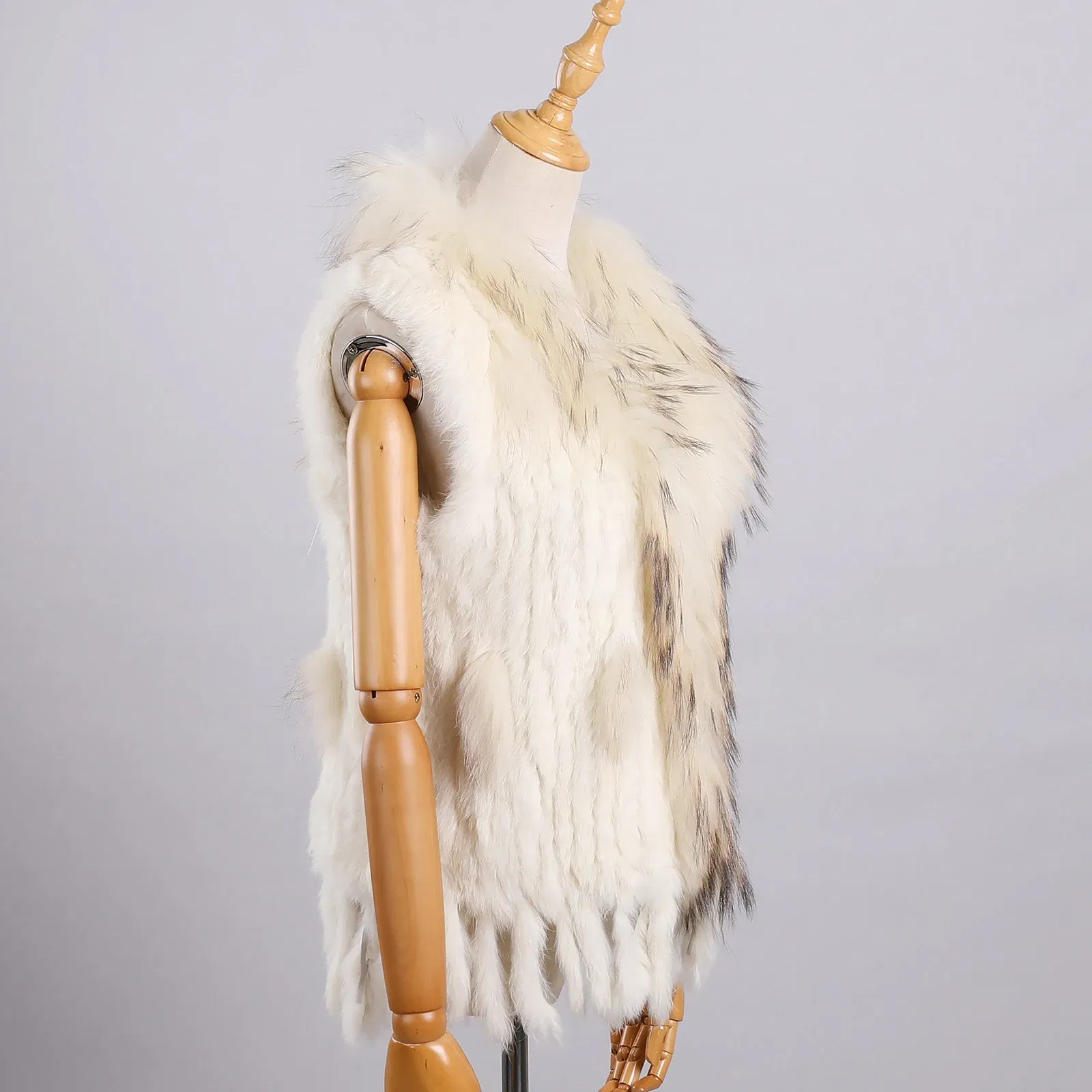 Color: Beige, Size: M - Luxury Women's Genuine Premium Long Hair Rabbit Fur Knit Vest Raccoon Fur Trim Gilet Lady Sleeveless Waistcoat Real Fur Jacket