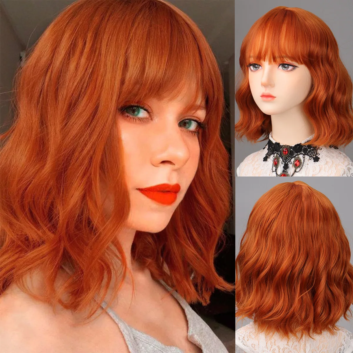 Color: #1B - Fashionable orange synthetic wig with Liu seawater ripple daily wear cosplay party high temperature silk wig full head cover