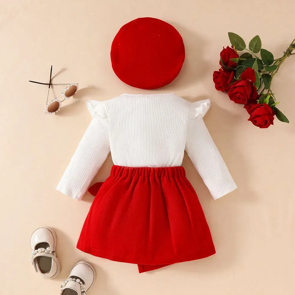Color: Beige, Kid Size: 9M - Baby Girls Clothes New Year Set 0-3Y Long Sleeve Big Bow Top Irregular Skirt and Beret 3Pcs Toddler Christmas Clothes