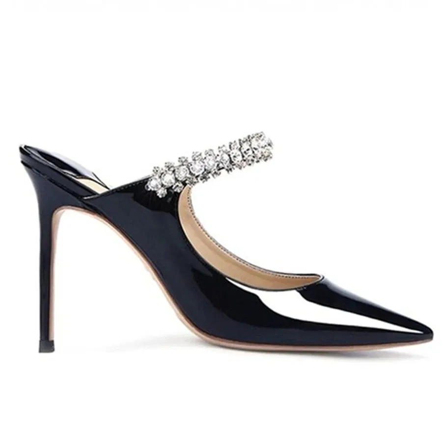 Color: Silver, Shoe Size: 42, Ships From: CHINA - Elegant Leather Mules Pointed Toe Stylish Rhinestone Embellished High Heel Sandals Sophisticated Party Evening Shoes Footwear