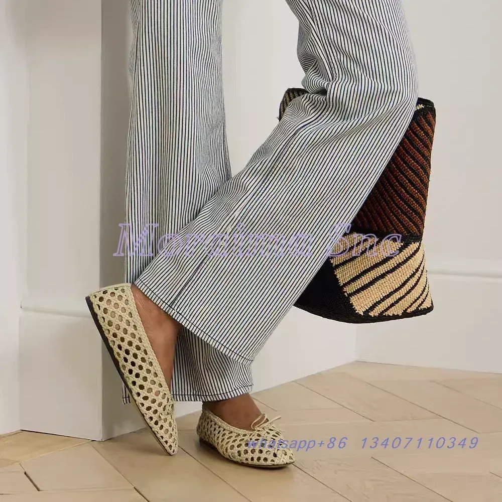 Color: Brown, Shoe Size: 37 - Hollow Woven Leather Ballet Shoes Flat With Round Toe Ankle Buckle Strap Fashion Shallow Women Shoes Mary Janes Summer New 2025