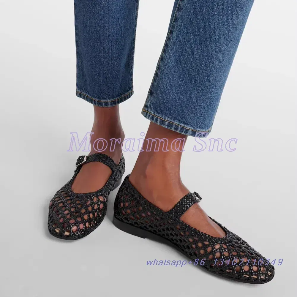 Color: Brown, Shoe Size: 37 - Hollow Woven Leather Ballet Shoes Flat With Round Toe Ankle Buckle Strap Fashion Shallow Women Shoes Mary Janes Summer New 2025