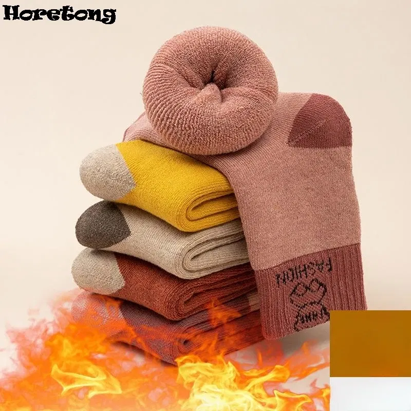 Color: black, Size: 17 - 5 Pairs /bag Winter Children Socks Warm Autumn And Winter Plush Thicken Toddler Boys Girls Cotton Middle Tube Sock For 2-14 Year
