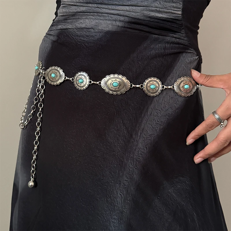 Color: WHITE, Belt Length: 110cm - Fashion Silver Bohemian female circular waist chain luxury blue gemstone Ellipse chain belts for women suitable for Skirts dress