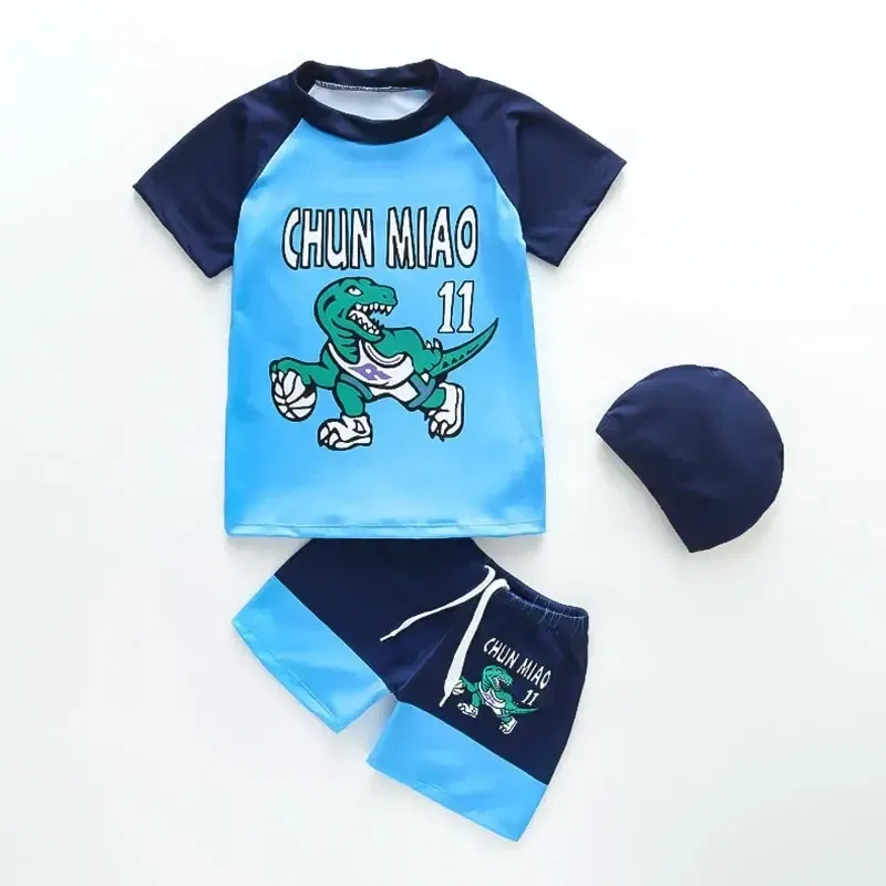 Size: Children, Color: Blue - Summer Boys Swimsuit for Kids Split Sun Quick Dry With Swim Cap Swimsuit Cartoon Boys Set