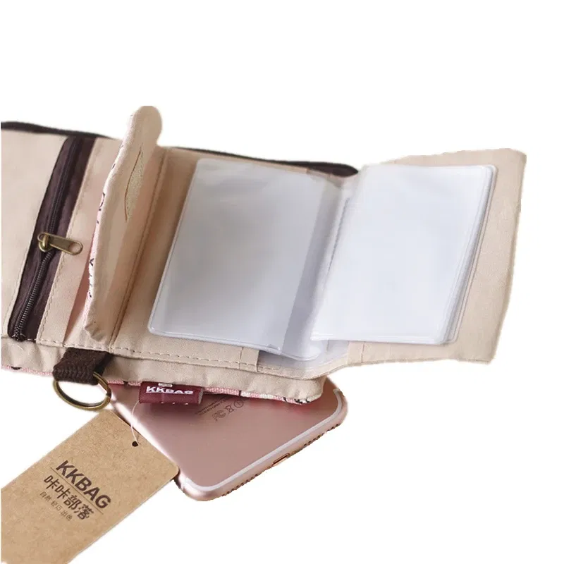 Color: ROSE RED - Handmade Three Fold Fabric Wallet Women Men Simple Short Zipper Purses for Teens Personality Multi-function Key Bag Card Holder