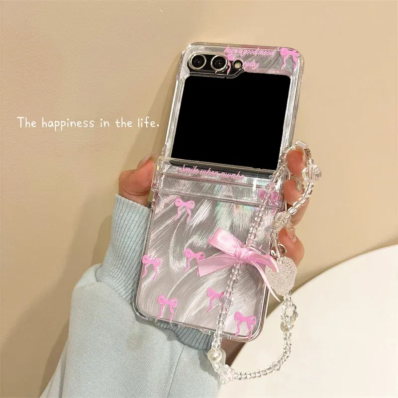 Color: GRAY, Material: Microfiber - For Samsung Galaxy Z Flip 3 4 5 6 Case Cute Pink Black Bow Feather Cards Bracelet Cover For Samsung Z Flip3 Flip4 ZFlip5