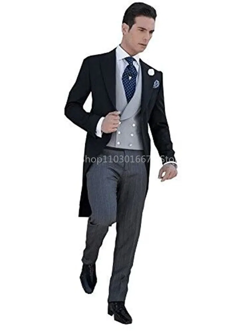 Color: black, Size: 4XL - Black Long Tail Blazer 3 Pieces Gentleman Male Suit Men's Fashion Groom Tuxedo for Wedding Party Prom Jacket Vest with Pants