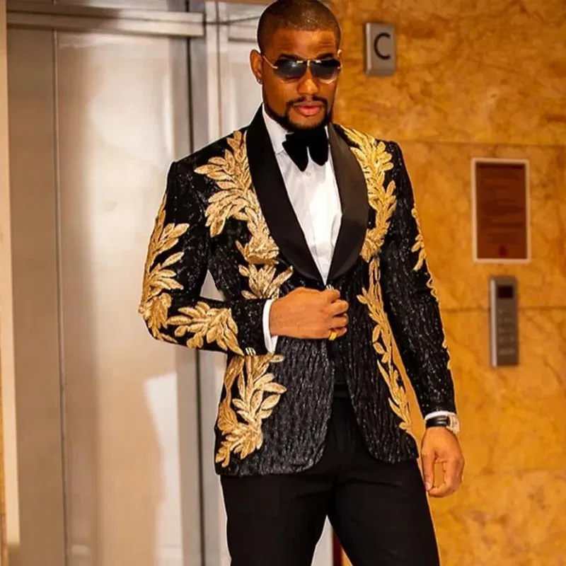 Color: Beige, Size: XL - Men's Gold Sequin Applique Fashion Trend Suit Set High-Quality Casual Jacket And Western Pants Two-Piece Ensemble